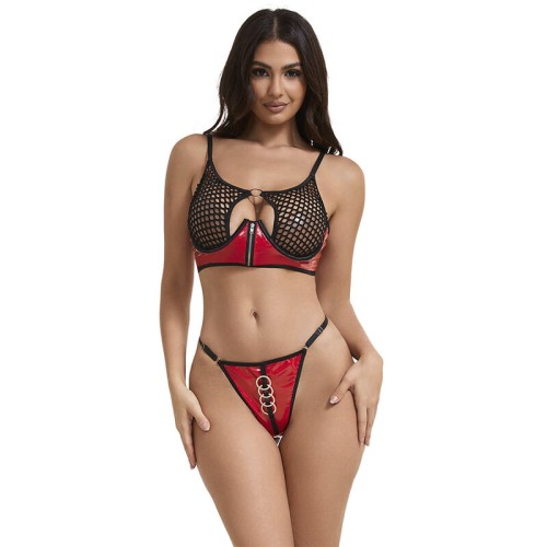 Sublime Red Faux Leather Mesh Bra Set