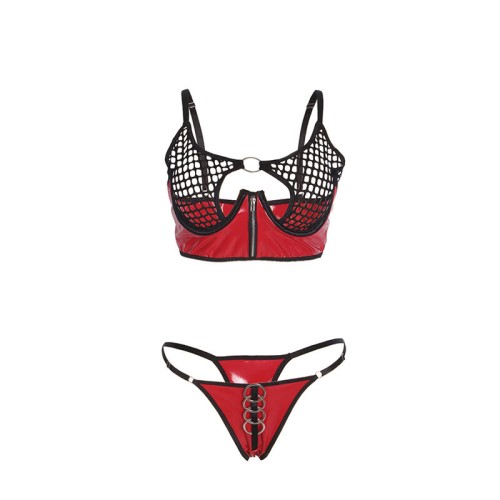 Sublime Red Faux Leather Mesh Bra Set