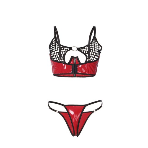 Sublime Red Faux Leather Mesh Bra Set