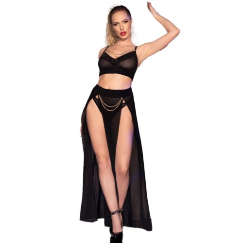Chilirose CR 4672 Black Top Skirt Thong Set with Gold Chains