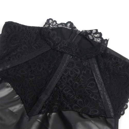 Vestido De Cuero Negro Con Cuello De Encaje Subblime