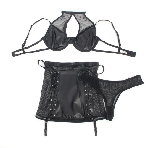 Subblime Black Leather Bra and Skirt Set for Daring Elegance