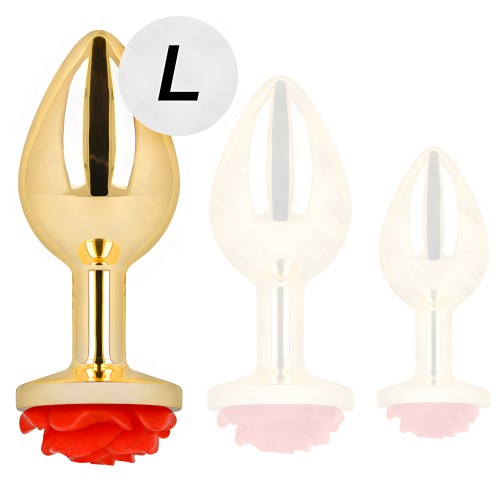 Kink - Anal Plug Gold with Red Rose Decoration Size L