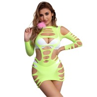 Vestido De Rejilla Elástico Manga Larga Verde Sublime