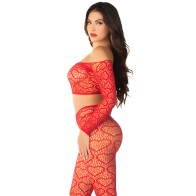 Leg Avenue Crop Top + Stockings Set - Red One Size
