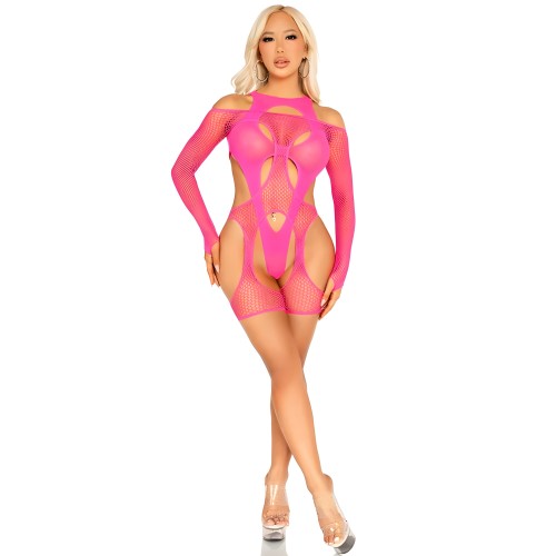 Leg Avenue Fishnet Garter Harness & Teddy Pink Neon